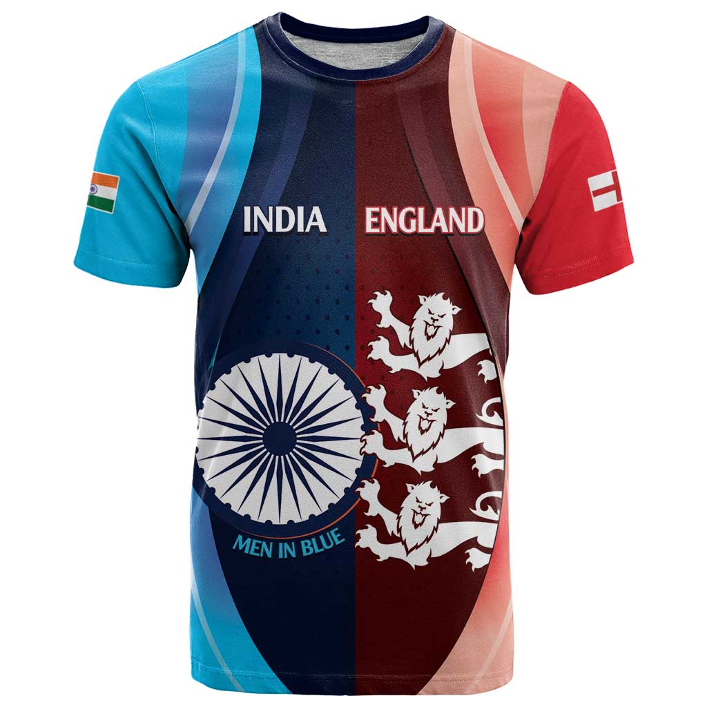 Custom India And England Cricket T Shirt 2025 Men In Blue Three Lions Together - Wonder Print Shop