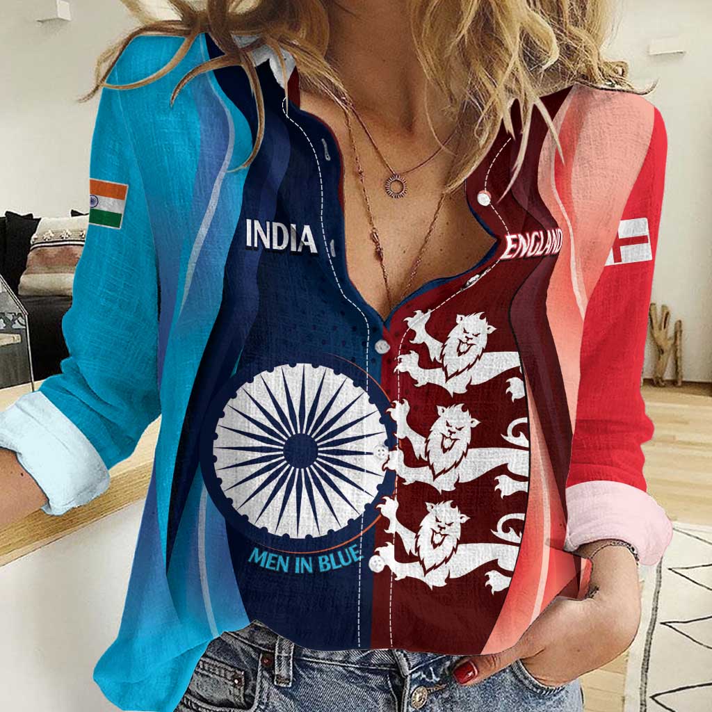 Custom India And England Cricket Women Casual Shirt 2025 Men In Blue Three Lions Together - Wonder Print Shop