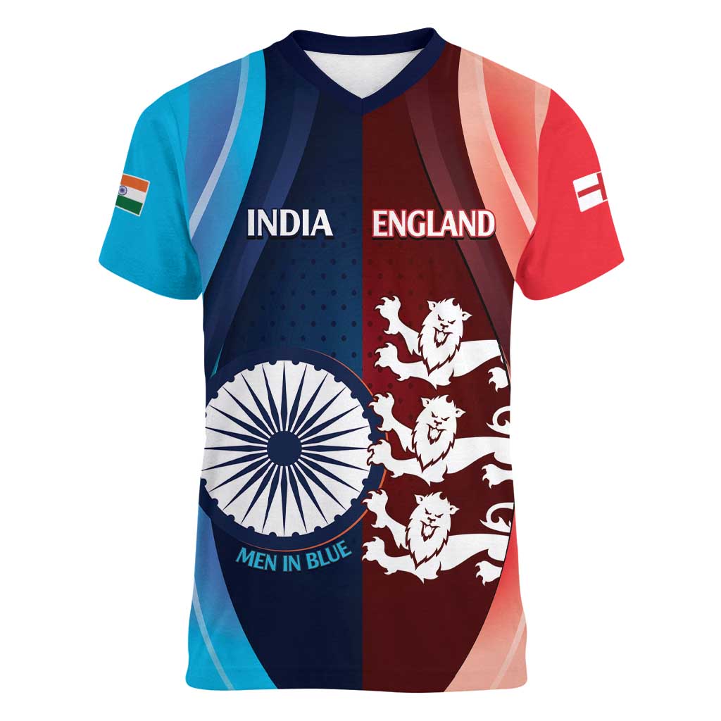 Custom India And England Cricket Women V-Neck T-Shirt 2025 Men In Blue Three Lions Together - Wonder Print Shop