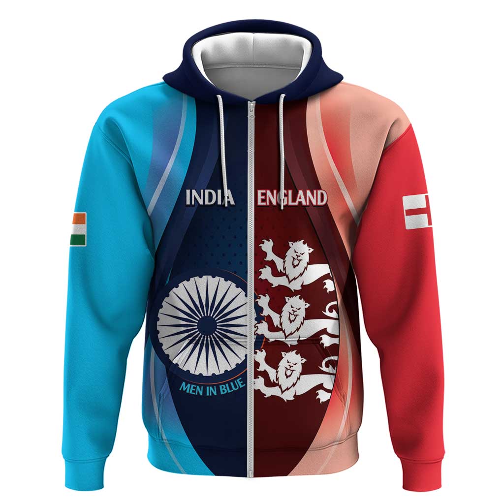 Custom India And England Cricket Zip Hoodie 2025 Men In Blue Three Lions Together - Wonder Print Shop