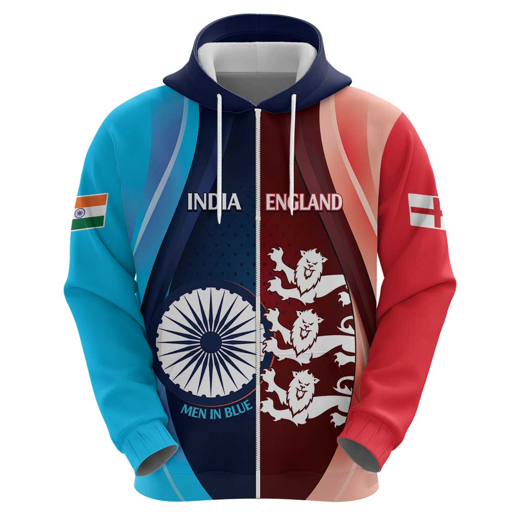 Custom India And England Cricket Zip Hoodie 2025 Men In Blue Three Lions Together - Wonder Print Shop