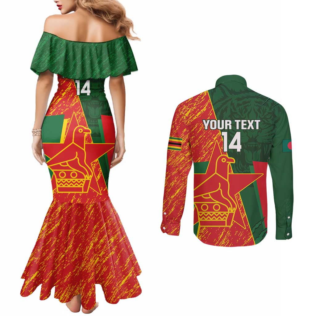 Custom Bangladesh And Zimbabwe Cricket Couples Matching Mermaid Dress and Long Sleeve Button Shirt 2025 Tigers Chevrons Together