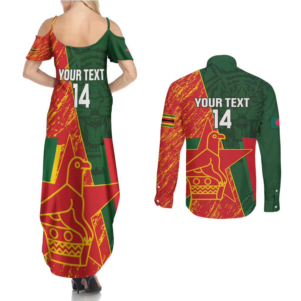 Custom Bangladesh And Zimbabwe Cricket Couples Matching Summer Maxi Dress and Long Sleeve Button Shirt 2025 Tigers Chevrons Together - Wonder Print Shop