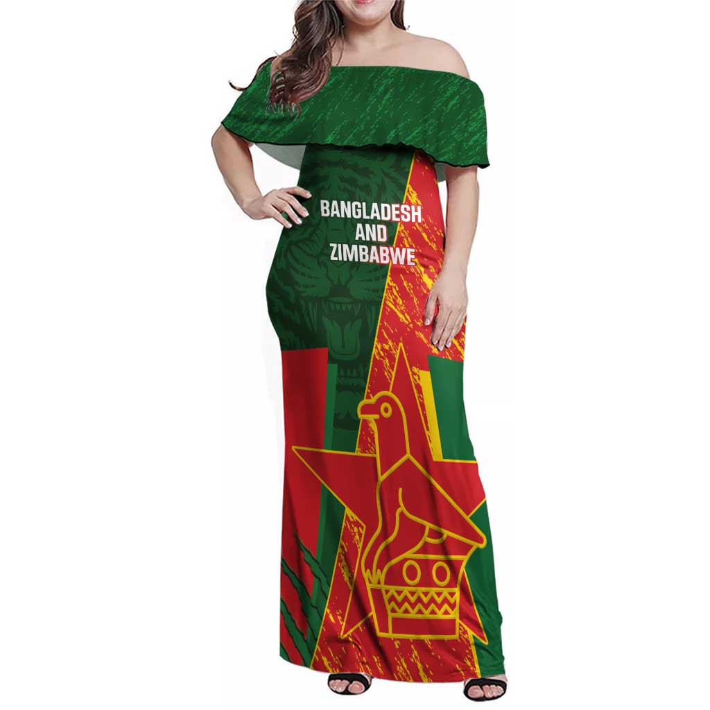 Custom Bangladesh And Zimbabwe Cricket Family Matching Off Shoulder Maxi Dress and Hawaiian Shirt 2025 Tigers Chevrons Together - Wonder Print Shop