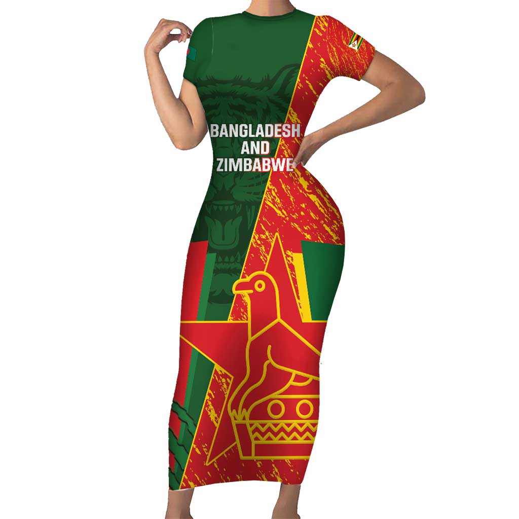 Custom Bangladesh And Zimbabwe Cricket Family Matching Short Sleeve Bodycon Dress and Hawaiian Shirt 2025 Tigers Chevrons Together - Wonder Print Shop