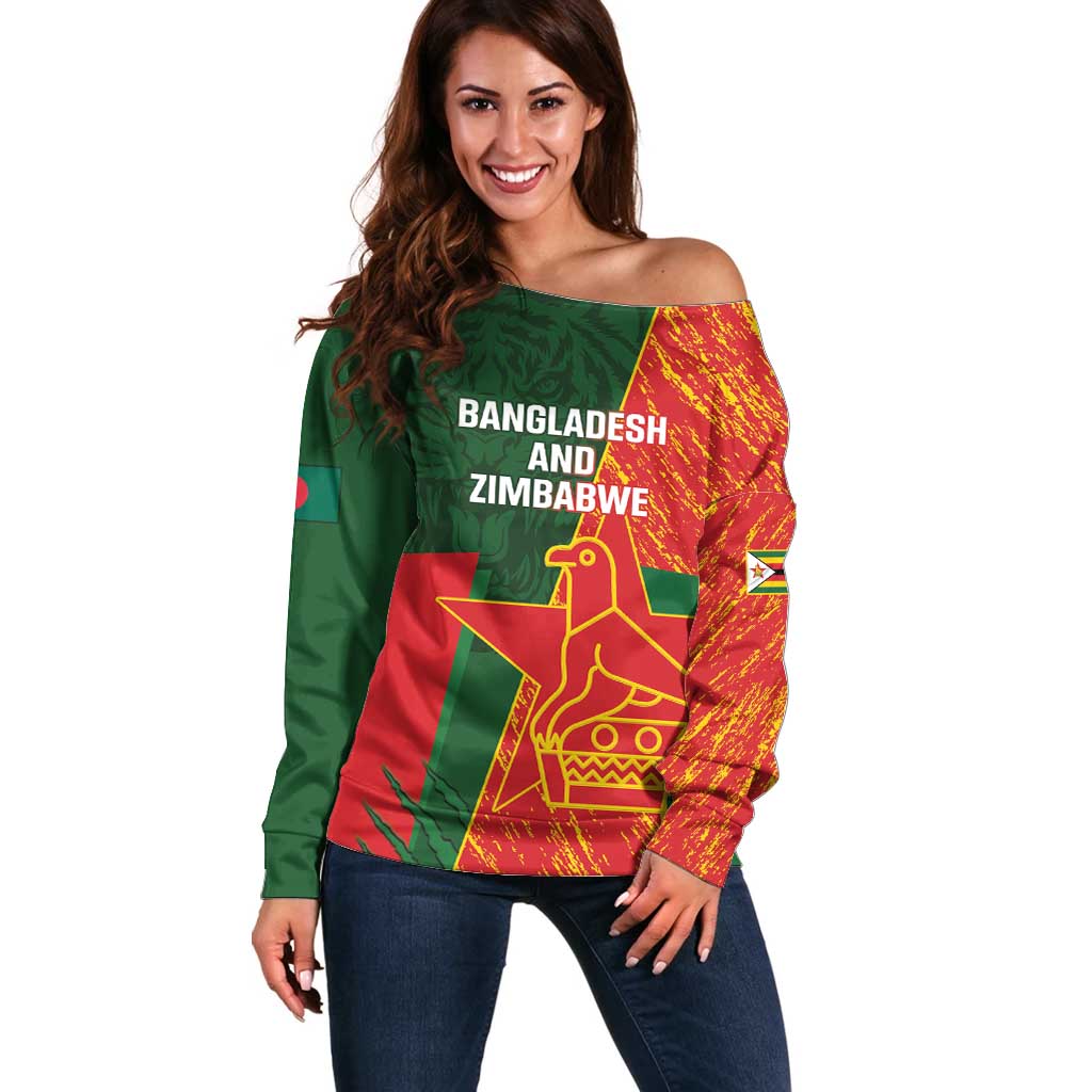 Custom Bangladesh And Zimbabwe Cricket Off Shoulder Sweater 2025 Tigers Chevrons Together - Wonder Print Shop