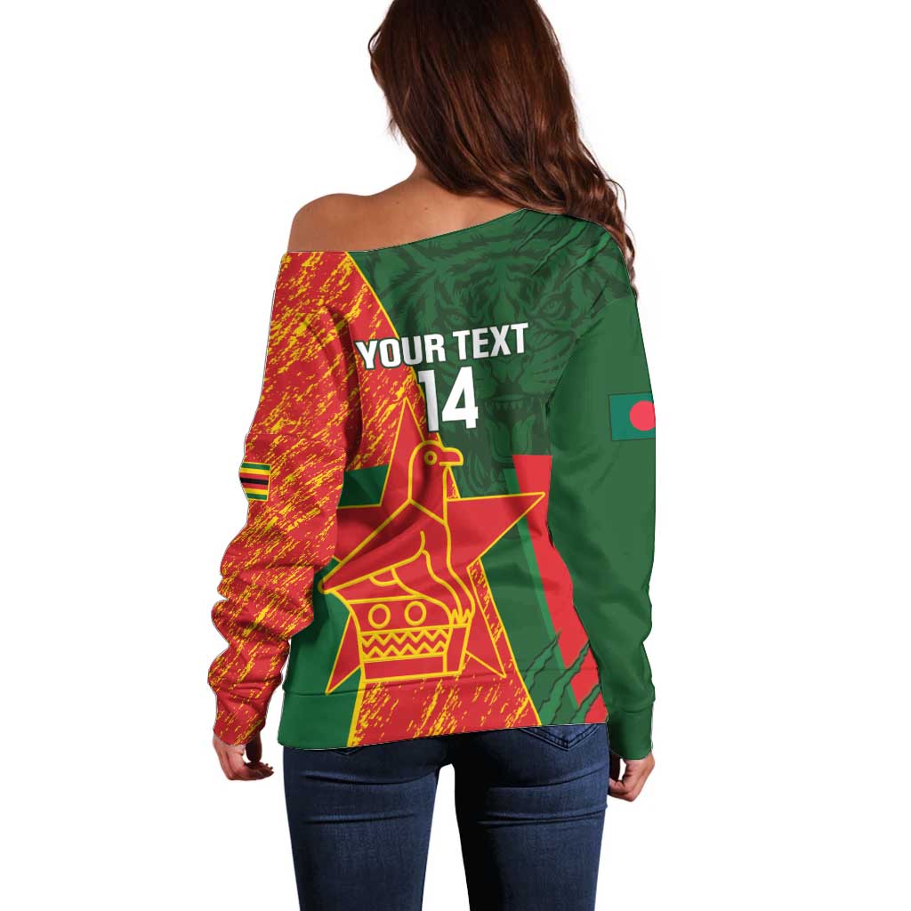 Custom Bangladesh And Zimbabwe Cricket Off Shoulder Sweater 2025 Tigers Chevrons Together - Wonder Print Shop