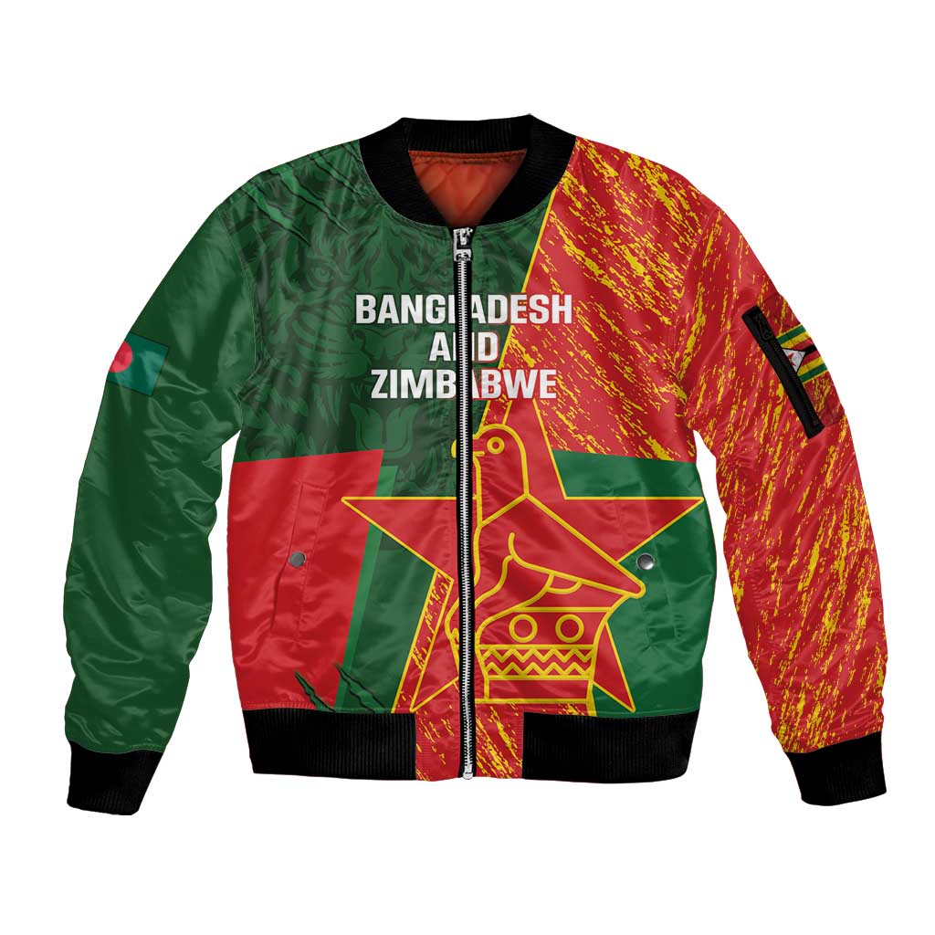 Custom Bangladesh And Zimbabwe Cricket Sleeve Zip Bomber Jacket 2025 Tigers Chevrons Together - Wonder Print Shop