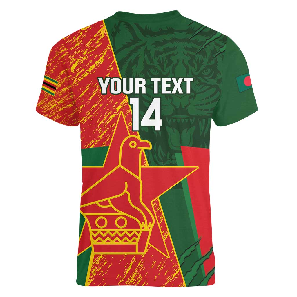 Custom Bangladesh And Zimbabwe Cricket Women V-Neck T-Shirt 2025 Tigers Chevrons Together - Wonder Print Shop