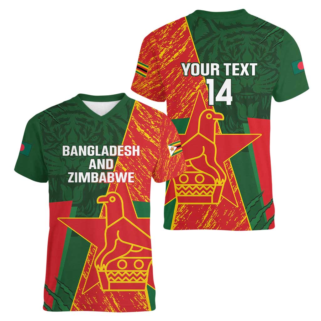 Custom Bangladesh And Zimbabwe Cricket Women V-Neck T-Shirt 2025 Tigers Chevrons Together - Wonder Print Shop