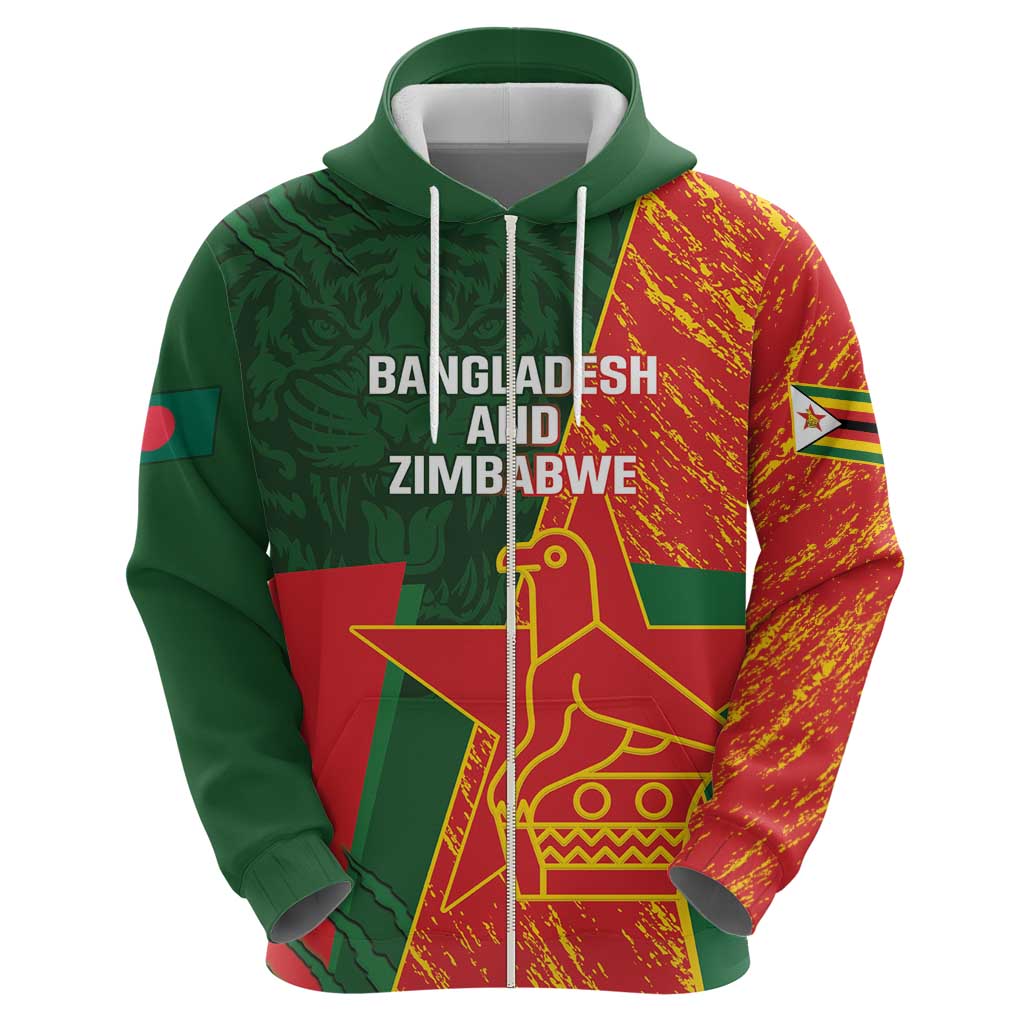 Custom Bangladesh And Zimbabwe Cricket Zip Hoodie 2025 Tigers Chevrons Together - Wonder Print Shop