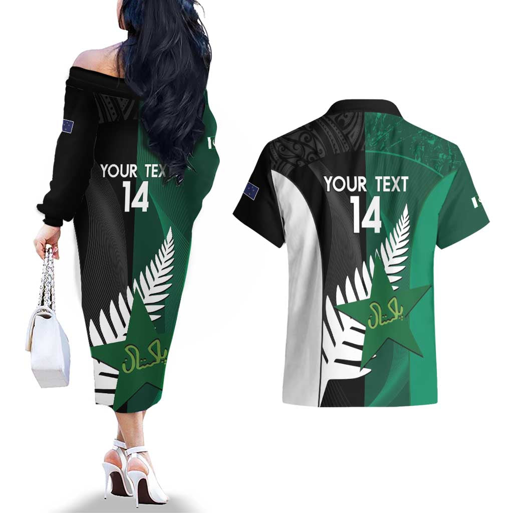 Custom New Zealand And Pakistan Cricket Couples Matching Off The Shoulder Long Sleeve Dress and Hawaiian Shirt 2025 Black Cap Shaheens Together - Wonder Print Shop