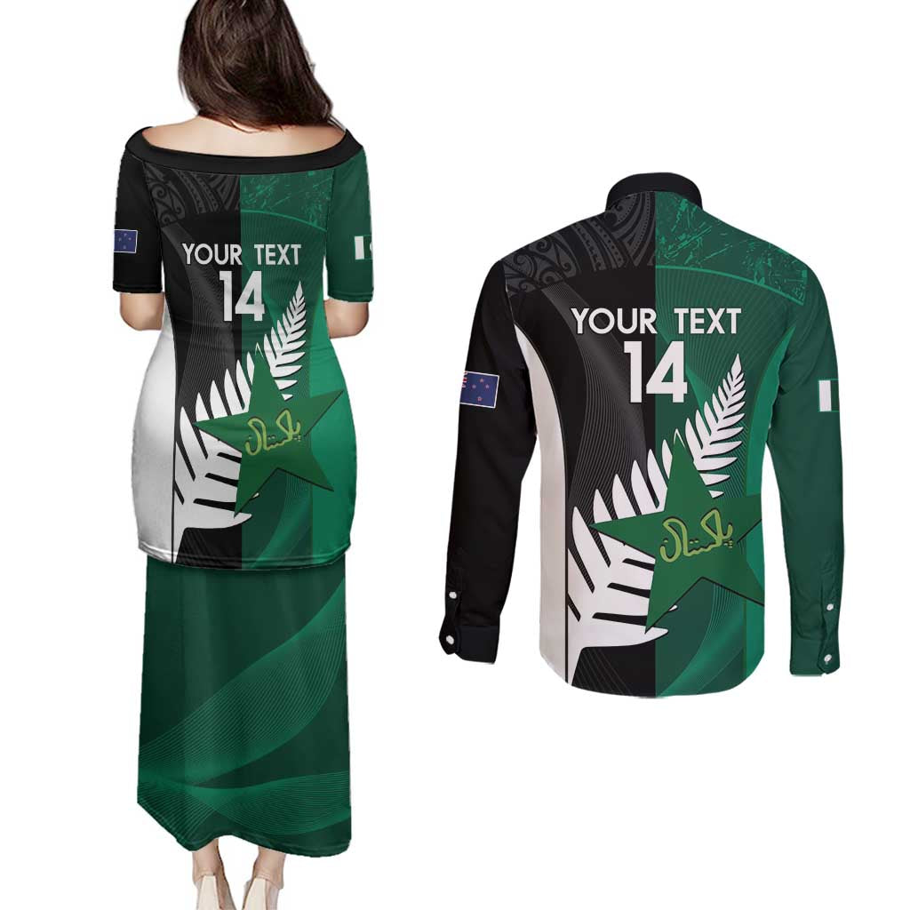 Custom New Zealand And Pakistan Cricket Couples Matching Puletasi and Long Sleeve Button Shirt 2025 Black Cap Shaheens Together - Wonder Print Shop