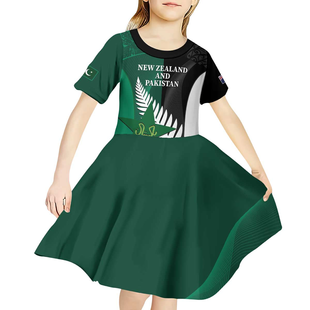 Custom New Zealand And Pakistan Cricket Kid Short Sleeve Dress 2025 Black Cap Shaheens Together - Wonder Print Shop