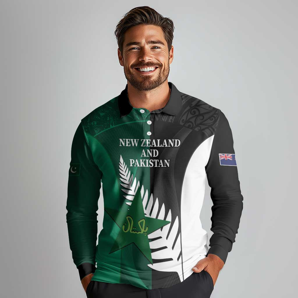 Custom New Zealand And Pakistan Cricket Long Sleeve Polo Shirt 2025 Black Cap Shaheens Together - Wonder Print Shop
