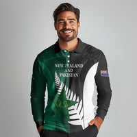 Custom New Zealand And Pakistan Cricket Long Sleeve Polo Shirt 2025 Black Cap Shaheens Together - Wonder Print Shop