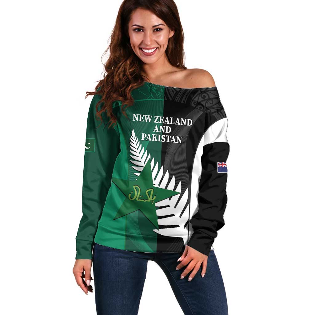 Custom New Zealand And Pakistan Cricket Off Shoulder Sweater 2025 Black Cap Shaheens Together - Wonder Print Shop