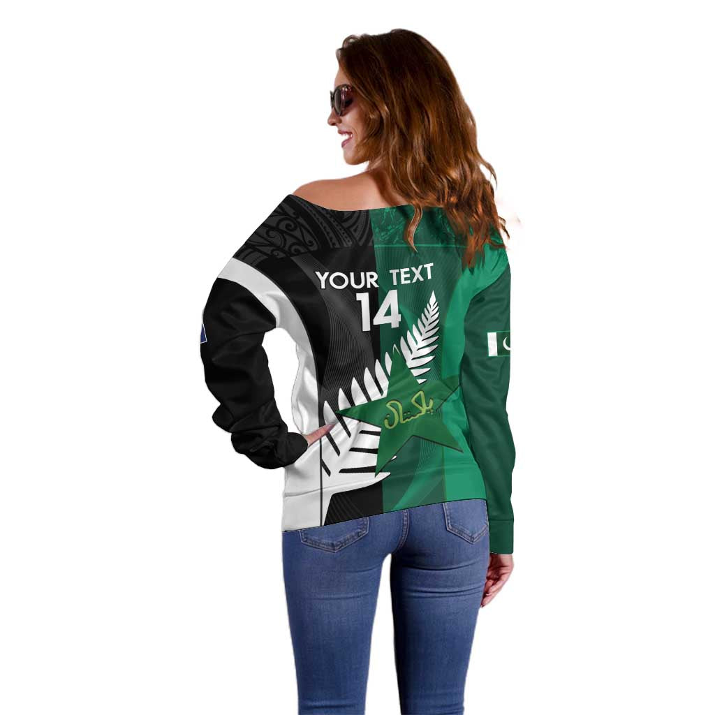 Custom New Zealand And Pakistan Cricket Off Shoulder Sweater 2025 Black Cap Shaheens Together - Wonder Print Shop