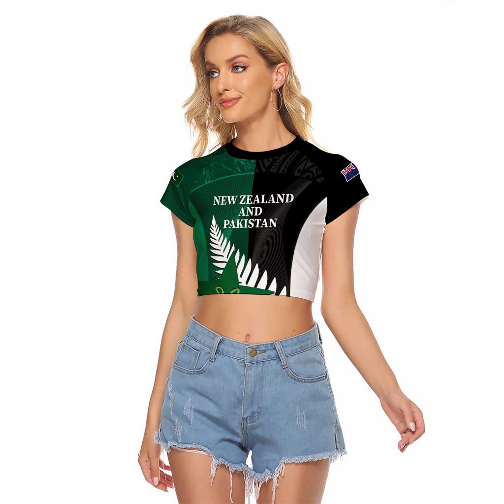 Custom New Zealand And Pakistan Cricket Raglan Cropped T Shirt 2025 Black Cap Shaheens Together - Wonder Print Shop
