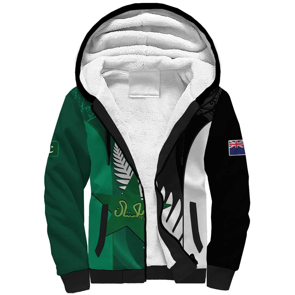Custom New Zealand And Pakistan Cricket Sherpa Hoodie 2025 Black Cap Shaheens Together - Wonder Print Shop