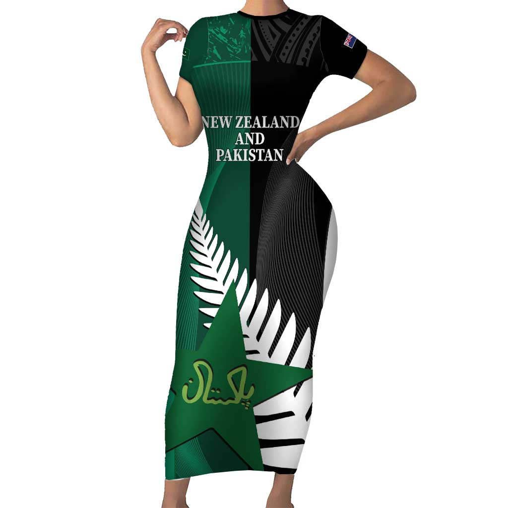 Custom New Zealand And Pakistan Cricket Short Sleeve Bodycon Dress 2025 Black Cap Shaheens Together - Wonder Print Shop