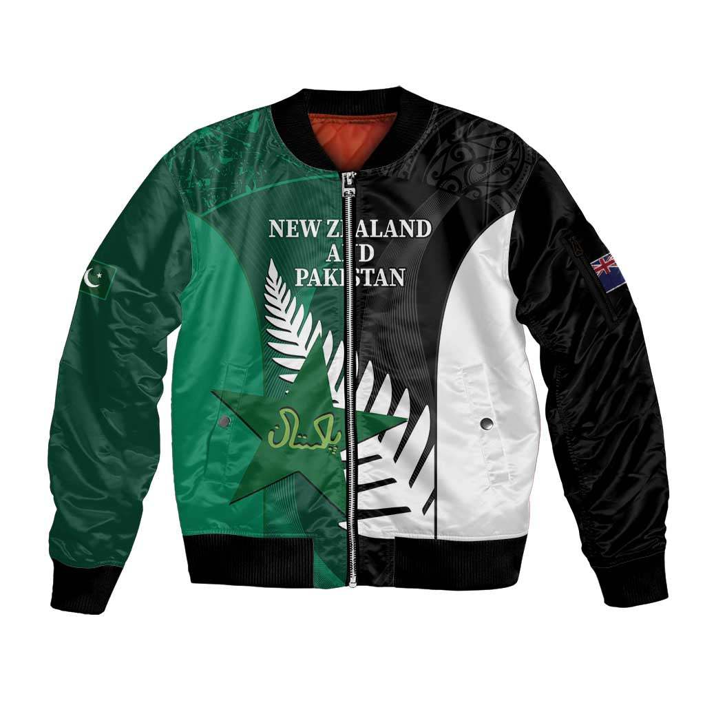 Custom New Zealand And Pakistan Cricket Sleeve Zip Bomber Jacket 2025 Black Cap Shaheens Together - Wonder Print Shop