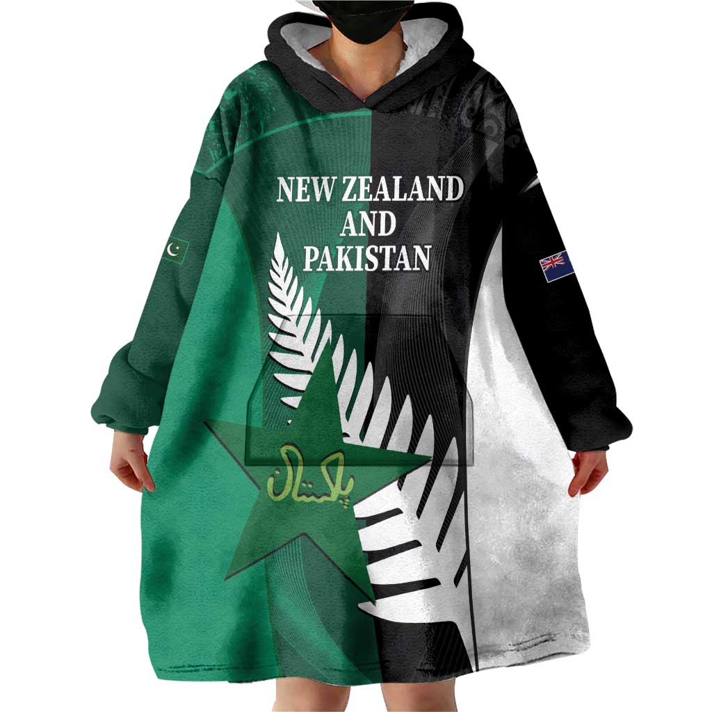 Custom New Zealand And Pakistan Cricket Wearable Blanket Hoodie 2025 Black Cap Shaheens Together - Wonder Print Shop