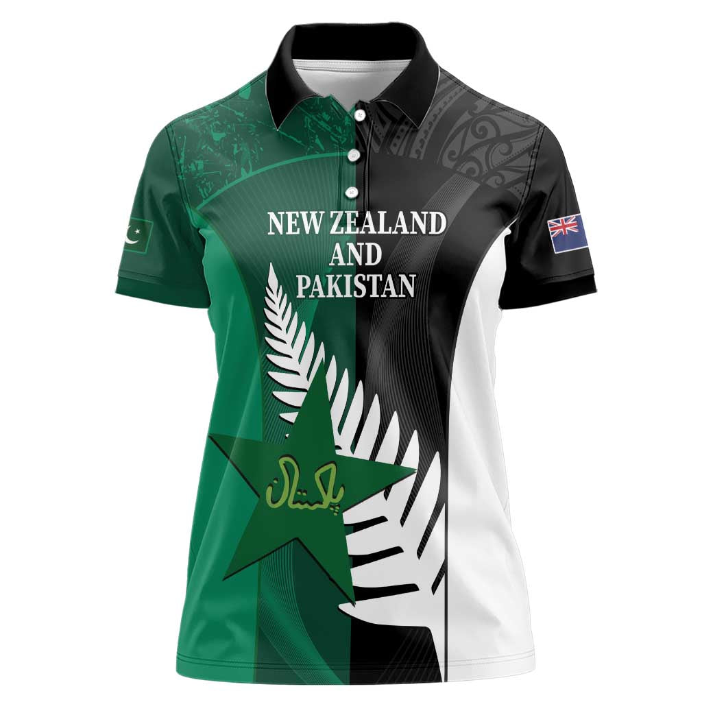 Custom New Zealand And Pakistan Cricket Women Polo Shirt 2025 Black Cap Shaheens Together - Wonder Print Shop
