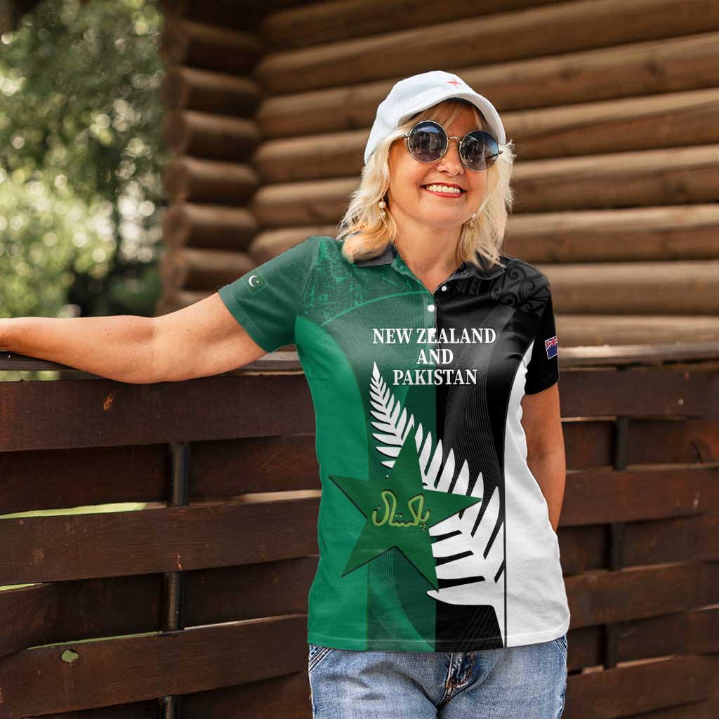 Custom New Zealand And Pakistan Cricket Women Polo Shirt 2025 Black Cap Shaheens Together - Wonder Print Shop