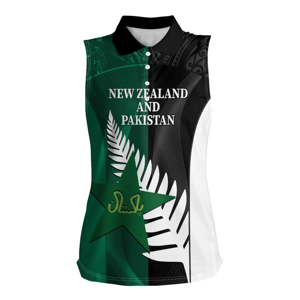 Custom New Zealand And Pakistan Cricket Women Sleeveless Polo Shirt 2025 Black Cap Shaheens Together - Wonder Print Shop