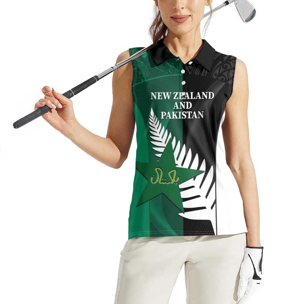 Custom New Zealand And Pakistan Cricket Women Sleeveless Polo Shirt 2025 Black Cap Shaheens Together - Wonder Print Shop