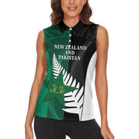 Custom New Zealand And Pakistan Cricket Women Sleeveless Polo Shirt 2025 Black Cap Shaheens Together - Wonder Print Shop