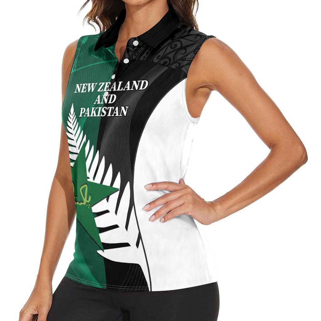 Custom New Zealand And Pakistan Cricket Women Sleeveless Polo Shirt 2025 Black Cap Shaheens Together - Wonder Print Shop