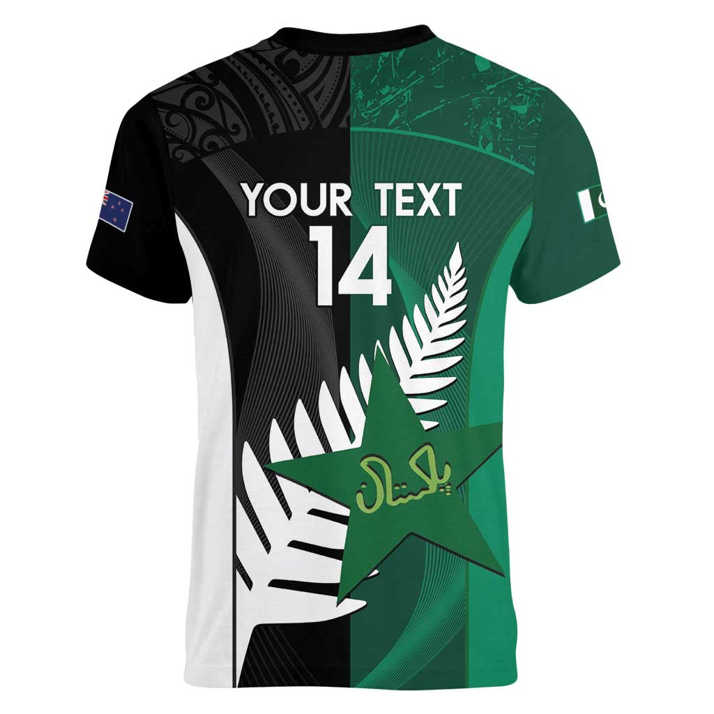 Custom New Zealand And Pakistan Cricket Women V-Neck T-Shirt 2025 Black Cap Shaheens Together - Wonder Print Shop