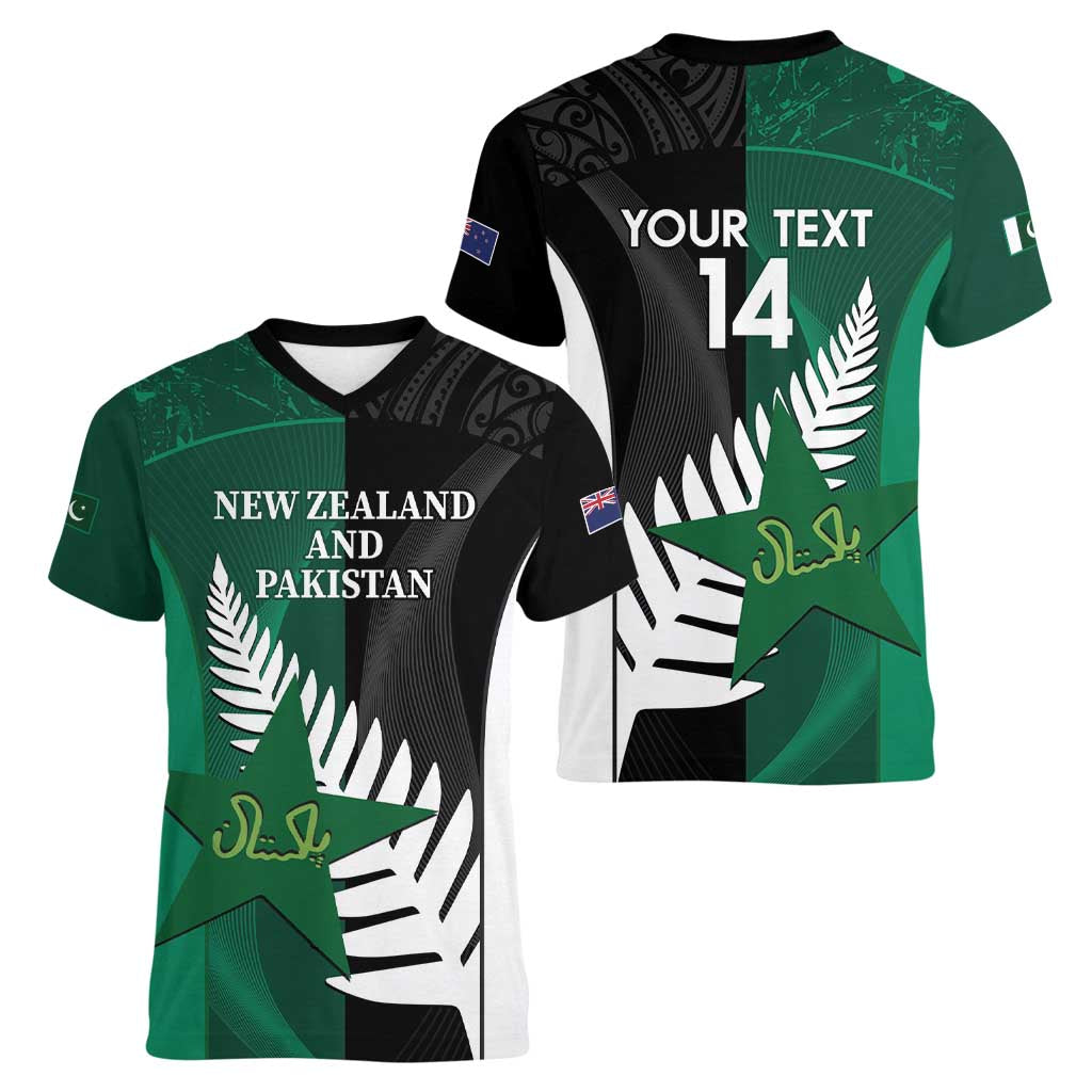 Custom New Zealand And Pakistan Cricket Women V-Neck T-Shirt 2025 Black Cap Shaheens Together - Wonder Print Shop