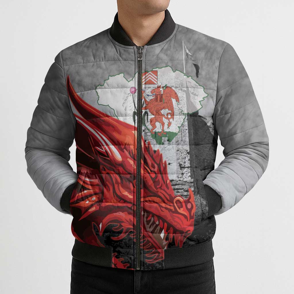 Wales Cardiff Capital Bomber Puffer Jacket Welsh Red Dragon Castell Caerdydd - Wonder Print Shop