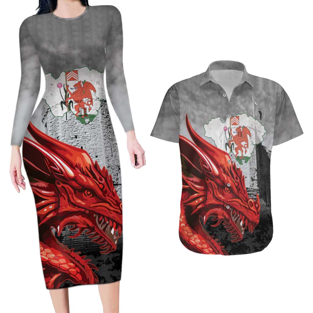Wales Cardiff Capital Couples Matching Long Sleeve Bodycon Dress and Hawaiian Shirt Welsh Red Dragon Castell Caerdydd - Wonder Print Shop