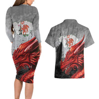 Wales Cardiff Capital Couples Matching Long Sleeve Bodycon Dress and Hawaiian Shirt Welsh Red Dragon Castell Caerdydd - Wonder Print Shop