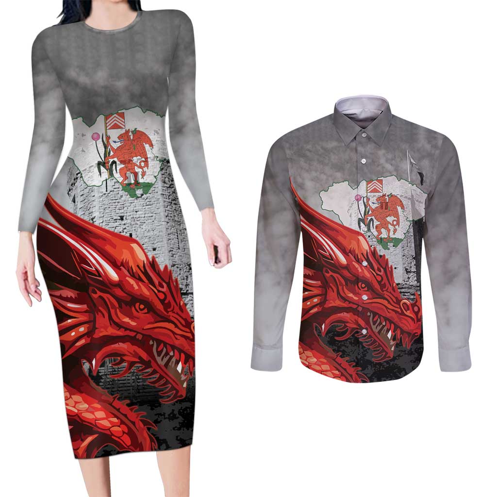 Wales Cardiff Capital Couples Matching Long Sleeve Bodycon Dress and Long Sleeve Button Shirt Welsh Red Dragon Castell Caerdydd - Wonder Print Shop