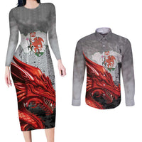 Wales Cardiff Capital Couples Matching Long Sleeve Bodycon Dress and Long Sleeve Button Shirt Welsh Red Dragon Castell Caerdydd - Wonder Print Shop