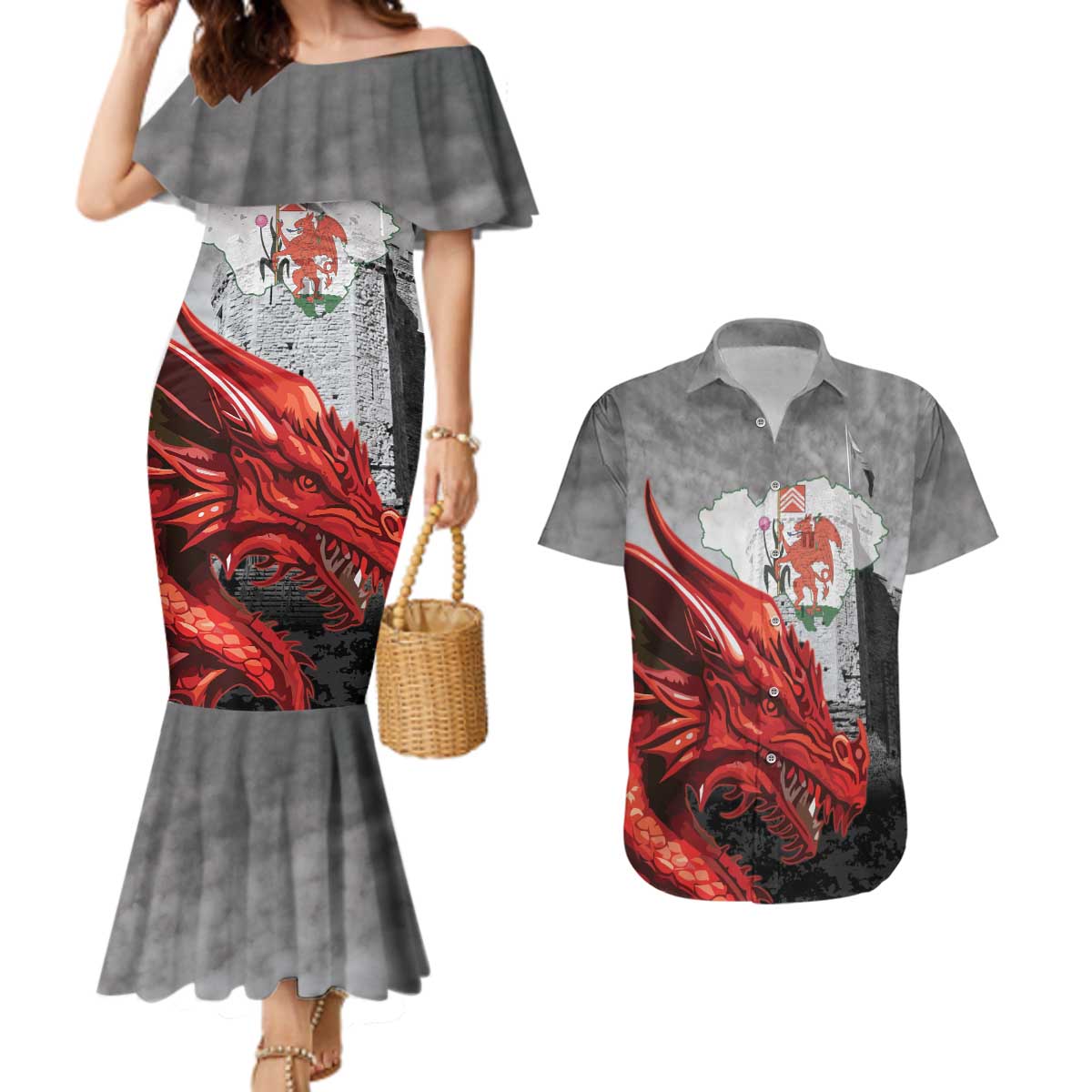 Wales Cardiff Capital Couples Matching Mermaid Dress and Hawaiian Shirt Welsh Red Dragon Castell Caerdydd - Wonder Print Shop