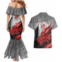 Wales Cardiff Capital Couples Matching Mermaid Dress and Hawaiian Shirt Welsh Red Dragon Castell Caerdydd - Wonder Print Shop