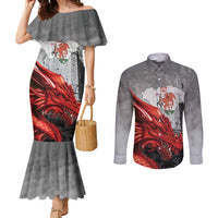 Wales Cardiff Capital Couples Matching Mermaid Dress and Long Sleeve Button Shirt Welsh Red Dragon Castell Caerdydd - Wonder Print Shop
