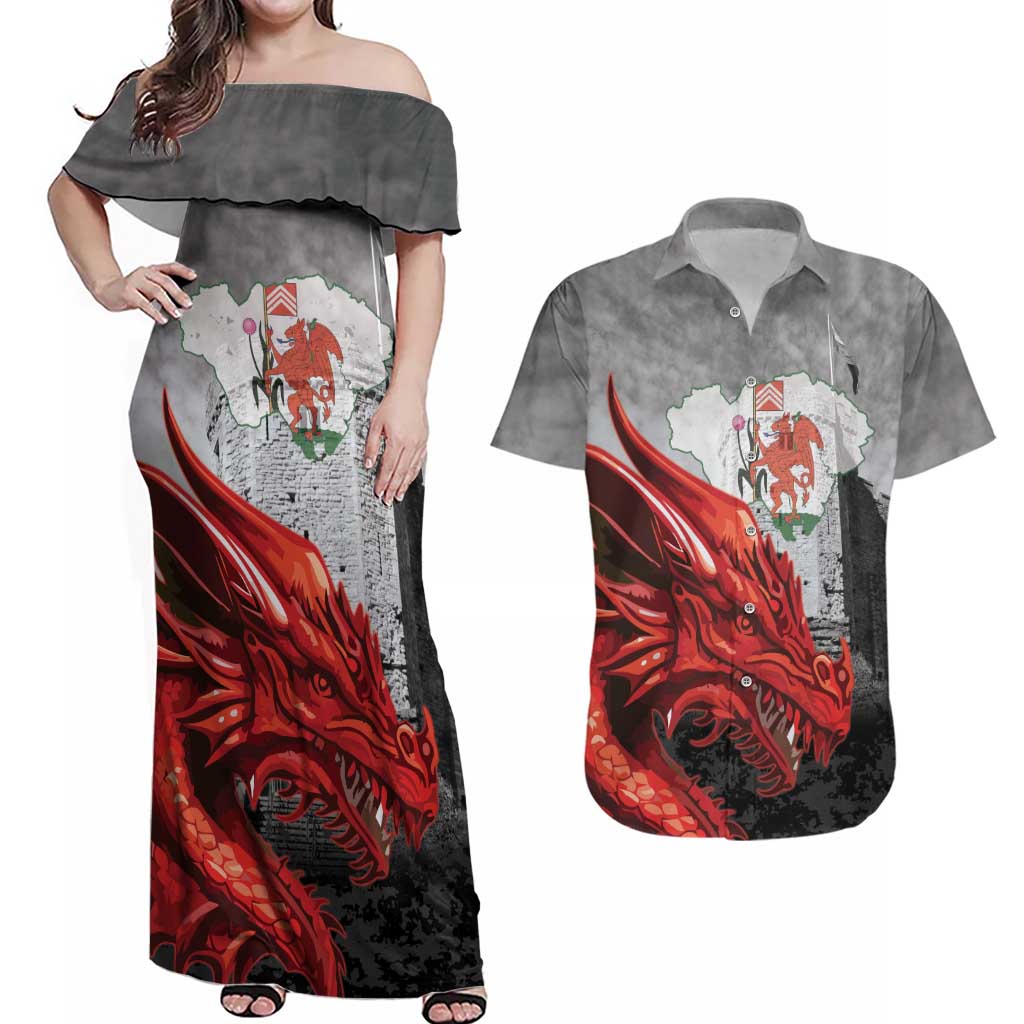 Wales Cardiff Capital Couples Matching Off Shoulder Maxi Dress and Hawaiian Shirt Welsh Red Dragon Castell Caerdydd - Wonder Print Shop