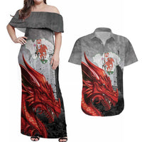 Wales Cardiff Capital Couples Matching Off Shoulder Maxi Dress and Hawaiian Shirt Welsh Red Dragon Castell Caerdydd - Wonder Print Shop