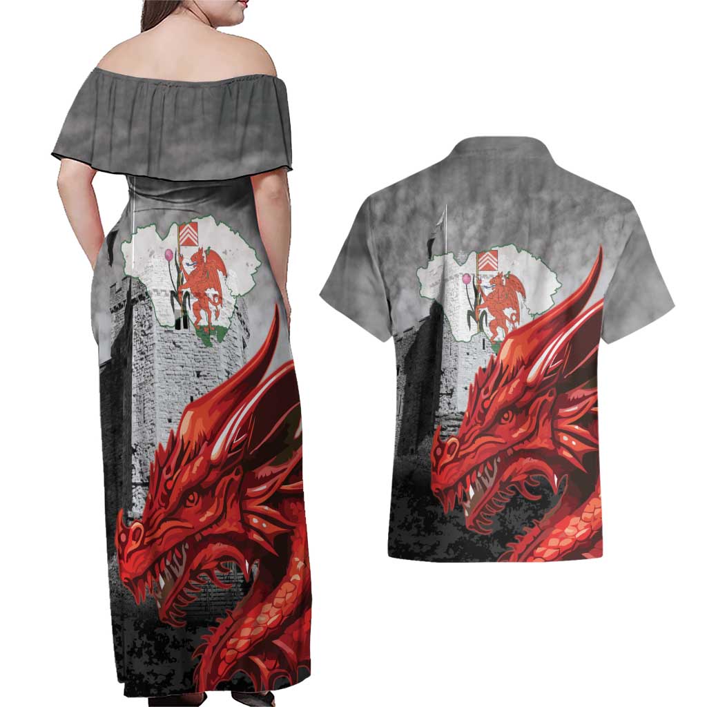 Wales Cardiff Capital Couples Matching Off Shoulder Maxi Dress and Hawaiian Shirt Welsh Red Dragon Castell Caerdydd - Wonder Print Shop