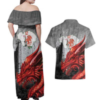 Wales Cardiff Capital Couples Matching Off Shoulder Maxi Dress and Hawaiian Shirt Welsh Red Dragon Castell Caerdydd - Wonder Print Shop
