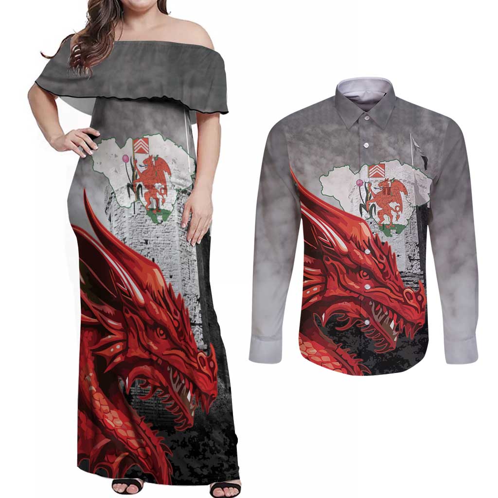 Wales Cardiff Capital Couples Matching Off Shoulder Maxi Dress and Long Sleeve Button Shirt Welsh Red Dragon Castell Caerdydd - Wonder Print Shop