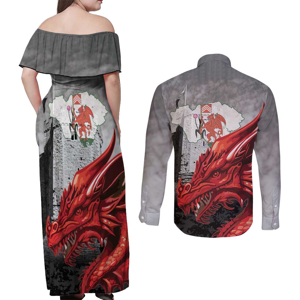 Wales Cardiff Capital Couples Matching Off Shoulder Maxi Dress and Long Sleeve Button Shirt Welsh Red Dragon Castell Caerdydd - Wonder Print Shop