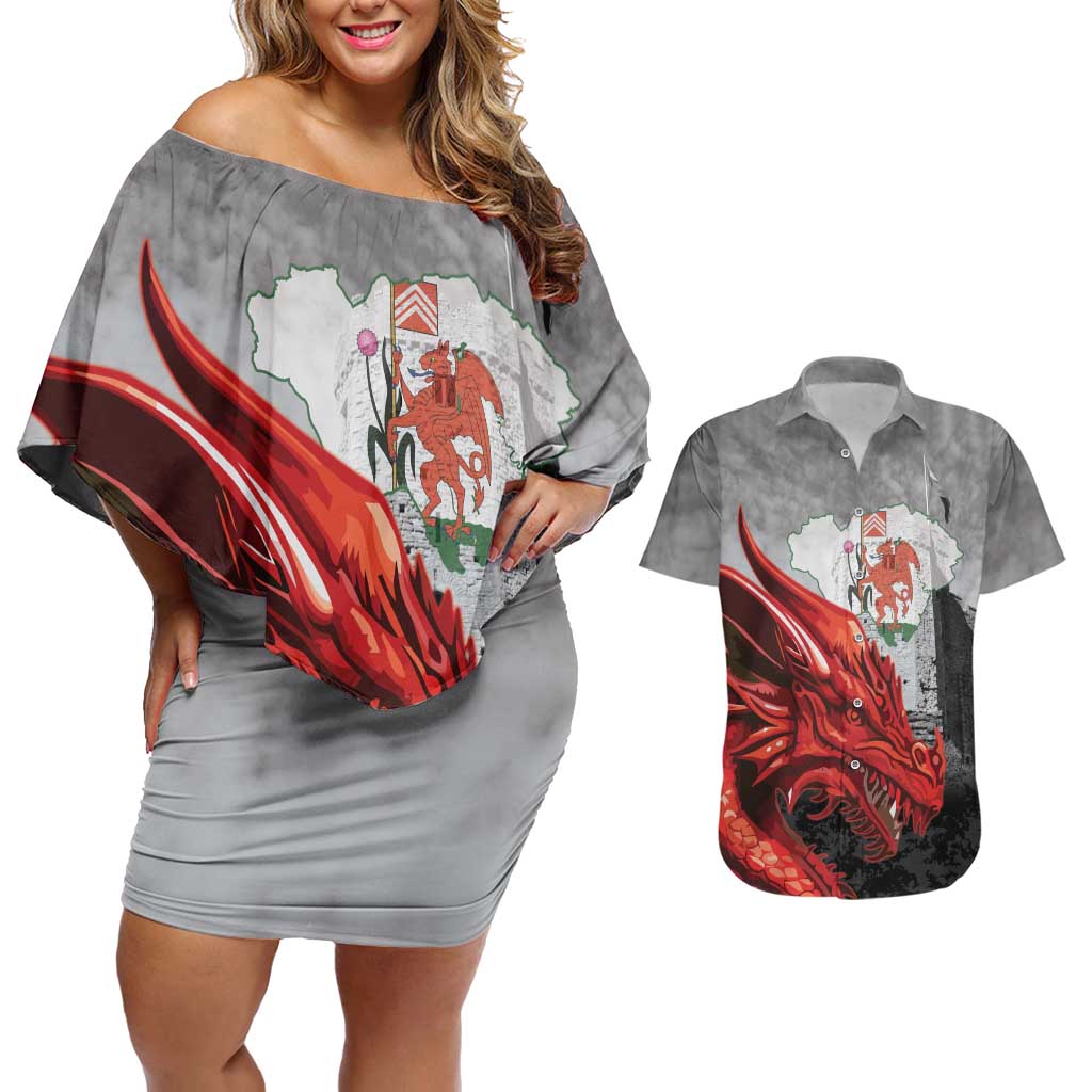 Wales Cardiff Capital Couples Matching Off Shoulder Short Dress and Hawaiian Shirt Welsh Red Dragon Castell Caerdydd - Wonder Print Shop